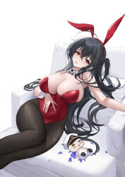 Rule 34 | 1girl, absurdres, ahoge, animal ears, awwwwys, azur lane, bare shoulders, black choker, black hair, black pantyhose, blush, bone earrings, breasts, character doll, choker, cleavage, commander (azur lane), couch, covered navel, crossed bangs, dated, detached collar, fake animal ears, hair between eyes, hand on own stomach, highleg, highleg leotard, highres, huge breasts, jewelry, leotard, long hair, looking at viewer, lying, on back, on couch, pantyhose, parted lips, playboy bunny, rabbit ears, red eyes, ring, skindentation, solo, strapless, strapless leotard, stuffed toy, taihou (azur lane), thighs, very long hair, white background, wrist cuffs