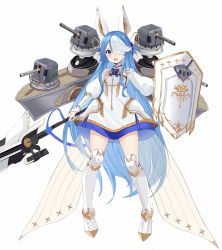 Rule 34 | 1girl, absurdres, animal ears, azur lane, blue eyes, blue hair, boots, dress, fake animal ears, full body, hair over one eye, highres, holding, holding shield, holding weapon, knee boots, kuyoumi, long hair, maille-breze (azur lane), multicolored hair, polearm, rigging, shield, short dress, simple background, solo, spear, two-tone hair, very long hair, weapon, white background, white dress, white footwear, white hair