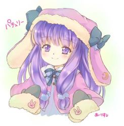 Rule 34 | 1girl, alternate costume, alternate headwear, animal ears, artist name, blush, bow, capelet, character name, crescent, gloves, hair ornament, hat, hat bow, hat with ears, iris anemone, long hair, patchouli knowledge, portrait, purple eyes, purple hair, rabbit, rabbit ears, simple background, smile, solo, star (symbol), text focus, touhou