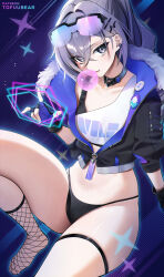 Rule 34 | 1girl, artist name, black gloves, black panties, chewing gum, closed mouth, collar, commentary, english commentary, eyewear on head, feet, fingerless gloves, foot out of frame, gloves, grey hair, highres, honkai: star rail, honkai (series), jacket, knee up, long hair, looking at viewer, no shoes, panties, ponytail, purple eyes, purple hair, silver wolf (honkai: star rail), solo, thick thighs, thigh strap, thighs, toenails, toes, tofuubear, underwear