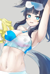 Rule 34 | 1girl, absurdres, adopot, arm up, armpits, bare shoulders, black hair, blue archive, blue eyes, breasts, cheerleader, cleavage, commentary, crop top, goggles, goggles on head, grey background, hibiki (blue archive), hibiki (cheer squad) (blue archive), highres, large breasts, long hair, looking at viewer, midriff, millennium cheerleader outfit (blue archive), navel, pom pom (cheerleading), simple background, solo, stomach, tail, upper body
