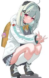 Rule 34 | 1girl, :o, admi (nikke), ahoge, backpack, bag, black skirt, blush, bow, bowtie, collared shirt, double v, full body, goddess of victory: nikke, green hair, grey sweater, hair ornament, hairclip, headgear, highres, hood, hood down, hooded jacket, jacket, light green hair, long sleeves, medium hair, miniskirt, multicolored hair, open clothes, open jacket, parted lips, pink eyes, pleated skirt, randoseru, shirt, shoes, simple background, skirt, sneakers, socks, solo, squatting, streaked hair, sweater, tiptoes, v, white background, white jacket, white shirt, white socks, xi oshir1, yellow bow, yellow bowtie