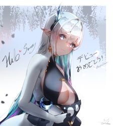 Rule 34 | 1girl, absurdres, artist name, blue hair, bodysuit, breasts, character name, cleavage, cleavage cutout, closed mouth, clothing cutout, crescent, crescent pin, gradient hair, grey eyes, grey hair, halo sweety, highres, horns, indie virtual youtuber, large breasts, long hair, looking at viewer, multicolored eyes, multicolored hair, negativetabami, pointy ears, purple eyes, purple hair, single horn, solo, twitter username, virtual youtuber, white bodysuit