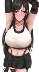 Rule 34 | 1girl, absurdres, arm up, armpits, arms behind head, black hair, black skirt, black thighhighs, breasts, crop top, detached sleeves, earrings, edmun6969, final fantasy, final fantasy vii, final fantasy vii remake, highres, jewelry, large breasts, long hair, looking at viewer, midriff, navel, piercing, presenting armpit, red eyes, simple background, skirt, smile, solo, square enix, suspender skirt, suspenders, tank top, thighhighs, thighs, tifa lockhart, white background, white tank top, zettai ryouiki