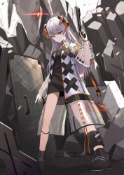 Rule 34 | 1girl, arknights, black choker, black dress, black footwear, brown eyes, choker, coat, commentary request, criss-cross halter, dress, full body, gun, halterneck, hand up, highres, holding, holding gun, holding weapon, horns, left-handed, long hair, long sleeves, looking at viewer, open clothes, open coat, saria (arknights), shield, shoes, short dress, silver hair, solo, standing, v-shaped eyebrows, weapon, white coat, yatsucchie