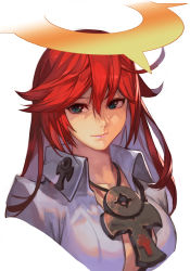Rule 34 | 1girl, arc system works, aria (guilty gear), breasts, collarbone, spiked halo, cross, cross necklace, green eyes, guilty gear, guilty gear strive, halo, hungry clicker, jack-o&#039; valentine, jewelry, large breasts, light smile, lips, looking at viewer, multicolored hair, necklace, nose, red hair, simple background, solo, spoilers, upper body, white background, white hair
