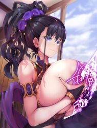 Rule 34 | 1boy, 1girl, armlet, asahi (fullmetal madness), bare shoulders, black one-piece swimsuit, blush, bracelet, breasts, breasts out, breasts squeezed together, bridal gauntlets, closed mouth, fate/grand order, fate (series), flower, gold trim, hair flower, hair ornament, hair up, hetero, huge breasts, jewelry, long hair, murasaki shikibu (fate), murasaki shikibu (swimsuit rider) (fate), murasaki shikibu (swimsuit rider) (first ascension) (fate), one-piece swimsuit, paizuri, purple eyes, purple hair, ring, silk, solo focus, spider web, swimsuit