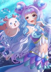 Rule 34 | 1girl, air bubble, artist name, back bow, blue bow, blue eyes, blue hair, bow, bubble, clothing cutout, colored skin, cure la mer, eyelash ornament, gradient hair, hair intakes, highres, kururun (precure), laura la mer, long hair, long sleeves, looking at another, magical girl, mermaid, midriff, monster girl, multicolored eyes, multicolored hair, multicolored shirt, multicolored skin, mymo0527, navel, open mouth, pantyhose, pearl hair ornament, pink eyes, pink hair, pouch, precure, shoulder cutout, signature, smile, solo, sunlight, swimming, tropical-rouge! precure, underwater, very long hair, water, white pantyhose