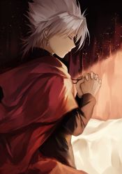 Rule 34 | 1boy, amakusa shirou (fate), bad id, bad twitter id, cape, closed mouth, dark skin, dark-skinned male, earrings, closed eyes, fate/apocrypha, fate/grand order, fate (series), own hands clasped, jewelry, light particles, long sleeves, male focus, necklace, own hands together, praying, profile, red cape, short hair, solo, spiked hair, sunlight, white hair, wowishi