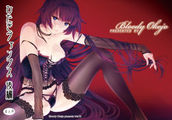 Rule 34 | 1girl, akutagawa manbou, bakemonogatari, bare shoulders, between breasts, black thighhighs, blue eyes, bow, breasts, bustier, cleavage, corset, detached sleeves, g-string, garter belt, garter straps, gradient hair, jewelry, lace, lace-trimmed legwear, lace trim, large breasts, leaning forward, leg up, legs, lingerie, long hair, long legs, monogatari (series), multicolored hair, necklace, off shoulder, panties, purple hair, senjougahara hitagi, solo, spread legs, thighhighs, thighs, thong, underwear, very long hair