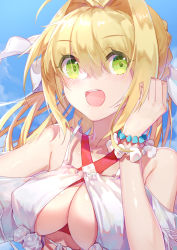 Rule 34 | 1girl, :d, absurdres, ahoge, bad id, bad pixiv id, bikini, blonde hair, blush, bracelet, breasts, criss-cross halter, dress, eyes visible through hair, fate/grand order, fate (series), flower, green eyes, hair intakes, hair over eyes, hair ribbon, halterneck, highres, jewelry, large breasts, long hair, looking at viewer, mz7, nero claudius (fate), nero claudius (fate) (all), nero claudius (swimsuit caster) (fate), nero claudius (swimsuit caster) (third ascension) (fate), off-shoulder dress, off shoulder, open mouth, outdoors, ribbon, sky, smile, solo, striped bikini, striped clothes, swimsuit, upper body, white dress, white flower, white ribbon