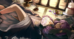 Rule 34 | 1girl, arms up, bdsm, cake, chain, cup, dutch angle, empty eyes, food, highres, long hair, looking at viewer, lying, macaron, parted lips, purple eyes, purple hair, smile, solo, teacup, torn clothes, vandyke brown, vocaloid, voiceroid, yuzuki yukari
