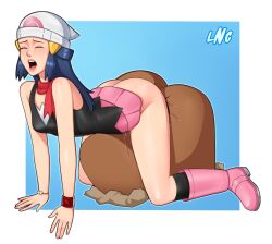 Rule 34 | 1girl, all fours, ass, bare shoulders, beanie, blue eyes, blush, boots, bracelet, breasts, closed eyes, creatures (company), dawn (pokemon), dugtrio, game freak, gen 1 pokemon, hair ornament, hairclip, hat, highres, implied cunnilingus, interspecies, jewelry, lips, loodncrood, medium hair, nintendo, no panties, open mouth, pink footwear, pokemon, pokemon (creature), pokemon dppt, red scarf, scarf, skirt, small breasts, solo focus, teeth, thighs, tongue, upper teeth only, watch, white headwear, wristwatch