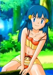 Rule 34 | 1girl, alternate costume, bikini, blue eyes, blue hair, blush, creatures (company), dawn (pokemon), erodriguez199698, game freak, hair ornament, hairclip, happy, long hair, navel, nintendo, no bra, panties, pantyshot, pokemon, pokemon (anime), pokemon dp047, pokemon dppt (anime), sitting, smile, solo, swimsuit, tree, underwear, upskirt, water