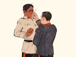 Rule 34 | 2boys, black hair, black pants, brown jacket, chengongzi123, closed eyes, closed mouth, dark-skinned male, dark skin, facing another, golden kamuy, grey jacket, hand on another&#039;s face, hand up, hands up, highres, jacket, koito otonoshin, long sleeves, male focus, military uniform, multiple boys, pants, short hair, simple background, standing, tsukishima hajime, uniform, upper body, very short hair, wiping face, yellow background