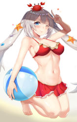 Rule 34 | 1girl, arm up, ball, bare arms, bare legs, bare shoulders, barefoot, beachball, bikini, bikini skirt, blue eyes, blush, breasts, chinese commentary, cleavage, closed mouth, collarbone, commentary request, crab, crab on head, fate/grand order, fate (series), feet, fingernails, full body, grey hair, groin, hair between eyes, hair ornament, highres, l.bou, long hair, looking at viewer, marie antoinette (fate), marie antoinette (fate/grand order), marie antoinette (swimsuit caster) (fate), marie antoinette (swimsuit caster) (first ascension) (fate), medium breasts, miniskirt, navel, one eye closed, painting (medium), red bikini, red skirt, revision, shade, shell hair ornament, shiny skin, sidelocks, skirt, smile, solo, star (symbol), star hair ornament, starfish, swimsuit, toes, traditional media, twintails, v, very long hair, watercolor (medium), white background