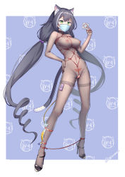 Rule 34 | 1girl, animal ear fluff, animal ears, bdsm, black bodysuit, black cat, black footwear, black hair, blue background, bodysuit, bondage, bound, bound ankles, breasts, cat, cat ears, cat girl, cat tail, cleft of venus, condom, condom wrapper, food, full body, green eyes, hand on own hip, high heels, highres, karyl (princess connect!), large breasts, long hair, low twintails, mask, multicolored hair, nipple piercing, nipples, object insertion, piercing, princess connect!, pubic tattoo, pussy, see-through, sex toy, shibari, tail, tattoo, twintails, urethral insertion, vaginal, vaginal object insertion, very long hair, wedgie, white hair, xiaoxi0619