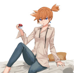 Rule 34 | aqua eyes, asymmetrical hair, blue eyes, breasts, cowboy shot, creatures (company), denim, earrings, game freak, hair between eyes, highres, holding, holding poke ball, jeans, jewelry, legs, looking at viewer, loose necktie, misty (pokemon), necktie, nintendo, orange hair, pants, poke ball, pokemon, pokemon rgby, ponytail, shiny skin, shirt, short hair, short ponytail, side ponytail, simple background, solo, thighs