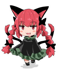 Rule 34 | 1girl, :3, :d, animal ears, black bow, black dress, black footwear, bow, braid, cat ears, cat girl, cat tail, chibi, chups, dress, fang, full body, hair bow, highres, kaenbyou rin, long hair, long sleeves, looking at viewer, multiple tails, nekomata, open mouth, red hair, side braids, simple background, smile, solo, tail, touhou, twin braids, two tails, white background