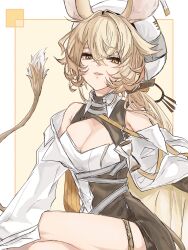 Rule 34 | 1girl, an fyhx, animal ears, arknights, bare shoulders, beret, blonde hair, commentary request, dorothy (arknights), hat, highres, long hair, long sleeves, looking at viewer, off shoulder, parted lips, solo, tail, thighs, upper body, white hat, yellow eyes