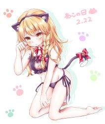 Rule 34 | 1girl, animal ears, bare arms, bare shoulders, bell, black panties, blonde hair, blush, bow, braid, breasts, cat cutout, cat day, cat ears, cat lingerie, cleavage cutout, clothing cutout, commentary request, dated, fake animal ears, fake tail, groin, hair bow, highres, jingle bell, kirisame marisa, kneeling, long hair, looking at viewer, medium breasts, meme attire, midriff, neck ribbon, panties, paw print, red bow, red ribbon, ribbon, side-tie panties, simple background, single braid, solo, tail, tail bow, tail ornament, thighs, touhou, translation request, underwear, white background, yellow eyes, yuria (kittyluv)