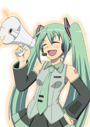 Rule 34 | 1girl, ^ ^, aqua hair, detached sleeves, closed eyes, facing viewer, hand on own hip, hatsune miku, long hair, megaphone, necktie, open mouth, smile, solo, sorakujira (pixiv), twintails, very long hair, vocaloid