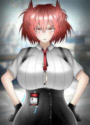 Rule 34 | 1girl, arknights, breasts, faihara, fiammetta (arknights), hands on own hips, highres, large breasts, necktie, red hair