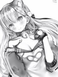 Rule 34 | 1girl, animal ears, bell, blush, breasts, cat ears, cleavage, closed mouth, clothing cutout, copyright request, greyscale, heart cutout, highres, jingle bell, large breasts, long hair, looking at viewer, monochrome, nanashi (nlo), neck bell, plivyou, shikai yue, simple background, smile, solo, underboob cutout, upper body, virtual youtuber, white background