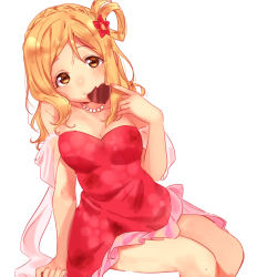 Rule 34 | 1girl, bad id, bad pixiv id, blonde hair, braid, candy, chocolate, chocolate heart, commentary request, crown braid, dress, flower, food, hair flower, hair ornament, hair rings, head on another&#039;s shoulder, heart, jewelry, long hair, looking at viewer, love live!, love live! school idol festival, love live! sunshine!!, mouth hold, necklace, ohara mari, pearl necklace, red dress, sash, simple background, sitting, solo, strapless, strapless dress, valentine, white background, yellow eyes, yumesaki nana