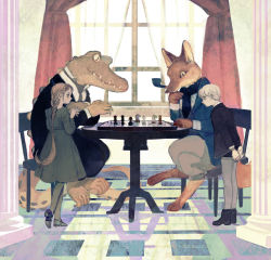 Rule 34 | 1boy, 1girl, animal, architecture, arms behind back, black dress, black footwear, black jacket, black neckwear, black pants, black pantyhose, blazer, board game, boots, braid, brown hair, brown pants, chair, chess, chessboard, child, claws, clothed animal, crocodile, crocodilian, crossed arms, crossed legs, curtains, dress, fox, from side, hand on own chin, highres, indoors, jacket, long hair, long sleeves, mary janes, necktie, original, own hands together, pants, pantyhose, pillar, playing games, room, roomscape, scarf, sharp teeth, shirt, shoes, short hair, shorts, sitting, slit pupils, smoking, smoking pipe, standing, symmetry, tail, teeth, tono (rt0no), watching, white hair, white shirt, window