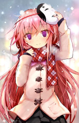 Rule 34 | 1girl, alternate costume, arm up, black skirt, bow, bowtie, closed mouth, coat, commentary request, efe, hand up, hata no kokoro, head tilt, long hair, long sleeves, looking at viewer, mask, outdoors, pink bow, pink bowtie, pink hair, purple hair, scarf, skirt, snowing, solo, touhou, wavy mouth, winter