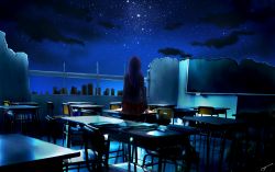 Rule 34 | 1girl, ayura (1212321maam), bag, black hair, blazer, building, chair, chalkboard, cityscape, classroom, cloud, desk, from behind, full body, highres, jacket, long hair, looking afar, night, night sky, on desk, original, outdoors, pleated skirt, purple hair, ruins, school, school bag, school desk, school uniform, sitting, on desk, skirt, sky, skyline, skyscraper, solo, standing, star (sky), starry sky, textbook, window