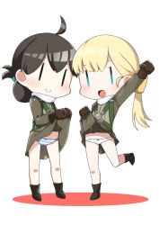 Rule 34 | 2girls, black footwear, blonde hair, boots, brown gloves, brown hair, circle skirt, clothes lift, fairy (kancolle), folded ponytail, gloves, green skirt, highres, kantai collection, lifted by self, long hair, long sleeves, military, military uniform, miniskirt, multiple girls, nassukun, panties, pleated skirt, side ponytail, skirt, skirt lift, striped clothes, striped panties, underwear, uniform, upskirt, white panties