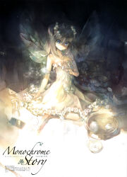 Rule 34 | absurdres, bare arms, bare legs, barefoot, beads, blue eyes, cellphone, chopsticks, closed mouth, cup, dark background, dress, english text, fairy, fairy wings, flower, grey dress, grey hair, grey wings, hair beads, hair between eyes, hair ornament, highres, kei (keigarou), ladle, light smile, long hair, looking at viewer, non-web source, original, phone, scan, shade, sitting, smartphone, spoon, tissue box, wariza, white flower, wings
