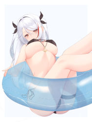 Rule 34 | 1girl, absurdres, anchor ornament, anchor symbol, azur lane, bad id, bad pixiv id, bikini, black bikini, breasts, hair ribbon, highres, innertube, large breasts, legs up, looking at viewer, multicolored hair, official alternate costume, prinz eugen (azur lane), prinz eugen (unfading smile) (azur lane), red eyes, ribbon, shirafuji ene, side-tie bikini bottom, simple background, sitting, skindentation, solo, streaked hair, swept bangs, swim ring, swimsuit, thigh strap, thighs, two side up, underboob, white background, white hair