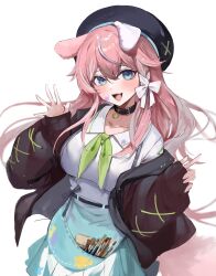 Rule 34 | 1girl, :3, animal ears, apron, belt collar, beret, black hat, blue eyes, breasts, collar, dog ears, dog girl, dog tail, dokuro deluxe, hat, highres, indie virtual youtuber, jacket, large breasts, looking at viewer, open mouth, paintbrush, pink hair, simple background, sleeves past wrists, smile, solo, tail, virtual youtuber, white background, yuniiho (vtuber)