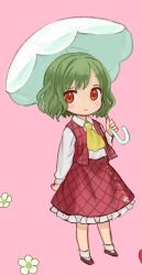 Rule 34 | 1girl, ama-tou, ascot, flower, green hair, kazami yuuka, looking at viewer, open clothes, open vest, parasol, pink background, red eyes, shirt, skirt, smile, solo, touhou, umbrella, vest