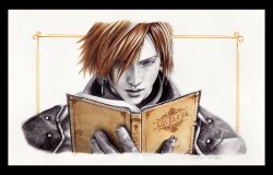 Rule 34 | 1990s (style), 1boy, absurdres, blue eyes, book, crisis core final fantasy vii, final fantasy, final fantasy vii, genesis rhapsodos, gloves, highres, jacket, male focus, open book, reading, realistic, red hair, solo, traditional media