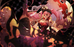 Rule 34 | 1girl, bare shoulders, bat tattoo, blunt bangs, breasts, cleavage, dress, dywx poison, ghost, holding, holding umbrella, large breasts, lipstick, long hair, makeup, one piece, perona, pink hair, shoulder tattoo, smile, solo, tattoo, twintails, umbrella