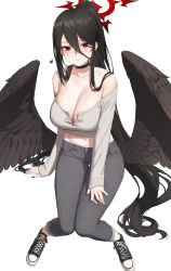 Rule 34 | 1girl, absurdres, alternate costume, arm at side, bare shoulders, black footwear, black hair, black nails, black wings, blue archive, breasts, casual, cleavage, closed mouth, collarbone, feathered wings, full body, grey pants, grey shirt, hair between eyes, halo, hasumi (blue archive), heart, highres, invisible chair, large breasts, long hair, long sleeves, looking at viewer, mochirong, mole, mole under eye, nail polish, navel, off-shoulder shirt, off shoulder, pants, ponytail, red eyes, shirt, shoes, sidelocks, simple background, sitting, sleeves past wrists, smile, sneakers, solo, thigh gap, very long hair, white background, wings