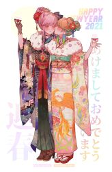 Rule 34 | 2girls, alternate costume, alternate hairstyle, aqua hair, black gloves, blush, character name, choker, closed eyes, earrings, egasumi, feather earrings, feathers, flower, full body, geta, gloves, goshoguruma, hair bun, hair flower, hair ornament, hair up, high heels, highres, hololive, hololive english, japanese clothes, jewelry, kanzashi, kimono, kiss, kissing cheek, long sleeves, mamaloni, mori calliope, multiple girls, new year, obijime, okobo, orange hair, pink hair, pom pom (clothes), pom pom earrings, sandals, shoes, simple background, single hair bun, standing, takanashi kiara, virtual youtuber, wide sleeves, winter clothes, yuri