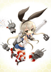 Rule 34 | &gt; &lt;, 10s, 1girl, :d, anchor, blonde hair, boots, closed eyes, confetti, dress, elbow gloves, gloves, grey footwear, hair ribbon, highleg, highres, hiro1984, honeycomb (pattern), honeycomb background, honeycomb pattern, innertube, kantai collection, long hair, md5 mismatch, microskirt, open mouth, panties, party popper, personification, rensouhou-chan, ribbon, sailor dress, school uniform, serafuku, shimakaze (kancolle), skirt, smile, striped clothes, striped thighhighs, swim ring, thighhighs, turret, underwear, white background, yellow eyes