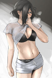 Rule 34 | 1girl, absurdres, black bra, black hair, black panties, blush, bra, breasts, clothes lift, commentary request, cowboy shot, eyebrows hidden by hair, grey eyes, hair over one eye, highres, lifting own clothes, long bangs, medium breasts, midriff, mole, mole above eye, mole on breast, navel, original, panties, pupi (rain prophet), shirt lift, short hair, short shorts, short sleeves, shorts, solo, standing, steaming body, sweat, underwear, white shorts, wiping sweat