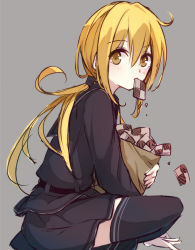 Rule 34 | 10s, 1girl, bag, berukko, black skirt, black thighhighs, blonde hair, blush, checkerboard cookie, cookie, eating, food, grey background, indian style, kantai collection, long sleeves, looking at viewer, low twintails, mouth hold, neckerchief, paper bag, pleated skirt, sailor collar, satsuki (kancolle), school uniform, serafuku, simple background, sitting, skirt, solo, thighhighs, twintails