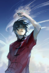 Rule 34 | 1boy, arm up, black hair, blue sky, chinese clothes, cloud, day, highres, knite, male focus, short hair, sketch, sky, solo, speedpaint, wind, yuumei