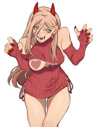 Rule 34 | 1girl, absurdres, bare shoulders, blonde hair, breast zipper, breasts, breasts out, censored, chainsaw man, cowboy shot, demon horns, detached sleeves, dress, fingernails, gloves, hair between eyes, halter dress, halterneck, heart, heart censor, highres, horns, lace-up, long fingernails, long hair, lower teeth only, medium breasts, nail polish, open mouth, orange eyes, partially fingerless gloves, porqueloin, power (chainsaw man), red horns, red nails, sharp fingernails, sideboob, solo, teeth, thigh gap, upper teeth only, very long fingernails, white background