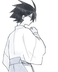 Rule 34 | 1boy, ahoge, arm at side, clenched hand, closed mouth, from side, glasses, itoshiki nozomu, japanese clothes, long sleeves, looking ahead, magusagari, male focus, monochrome, sayonara zetsubou sensei, short hair, simple background, solo, upper body, wide sleeves