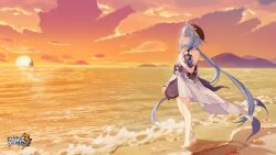 Rule 34 | 1girl, ahoge, barefoot, beach, beret, blue hair, boat, breasts, chinese commentary, cloud, cloudy sky, day, dress, griseo, griseo (starry impression), hat, highres, honkai (series), honkai impact 3rd, logo, mountain, ocean, official art, official wallpaper, orange sky, outdoors, purple eyes, sky, small breasts, solo, standing, starfish, sun, sunset, watercraft, white dress