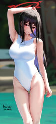 Rule 34 | 1girl, arm up, artist name, bare shoulders, black hair, blue archive, blurry, blurry background, breasts, cleavage, dated, groin, hair between eyes, halo, hasumi (blue archive), highleg, highleg swimsuit, highres, kimchi (user mpzz8457), large breasts, long bangs, looking at viewer, one-piece swimsuit, parted lips, red eyes, revision, solo, swimsuit, thigh gap, thighs, wet, wet clothes, wet hair, wet swimsuit, white one-piece swimsuit