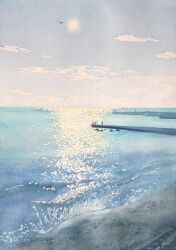Rule 34 | 3others, blue sky, cloud, cloudy sky, day, horizon, jetty, marine day, multiple others, no humans, ocean, original, painting (medium), pier, shore, sky, sunlight, tlctm7h8wdwnthx, traditional media, water, watercolor (medium)